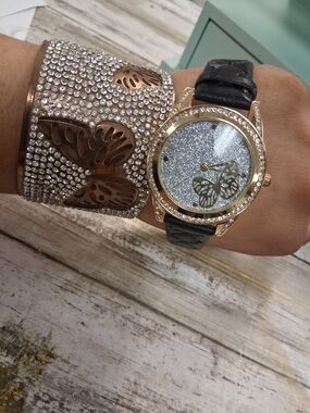 Others Follow Gold-Tone Butterfly Glitter Dial Watch with Black Strap